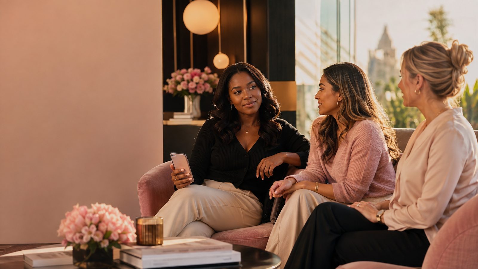 Three women talking warmly together in a softly lit blush and gold lounge